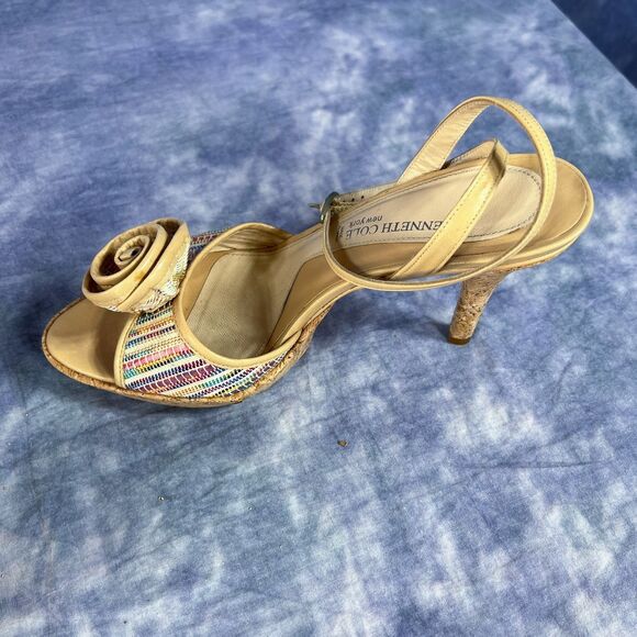 Kenneth Cole Beige Leather Woven Striped Cork Strappy Platform Heels sz 6 1/2 - Picture 6 of 8